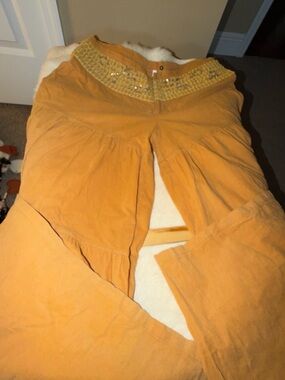 Boho Wide-Leg Embellished Waist Corduroy Wide Leg Pants - Mustard
